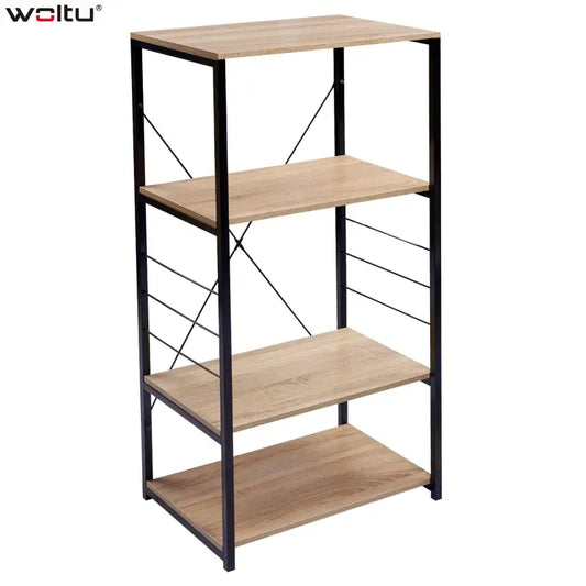 Een houten boekenkast met vier planken en zwart metalen frame, geschikt voor woonkamer of slaapkamer. Modern design met diagonale steunen voor extra stabiliteit.