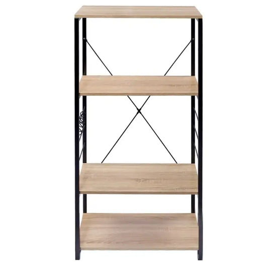 Een hoge, vierlaagse boekenkast met lichtbruine houten planken en zwarte metalen frame met kruisbeugels. Ideaal voor moderne woonkamer of kantooromgeving.