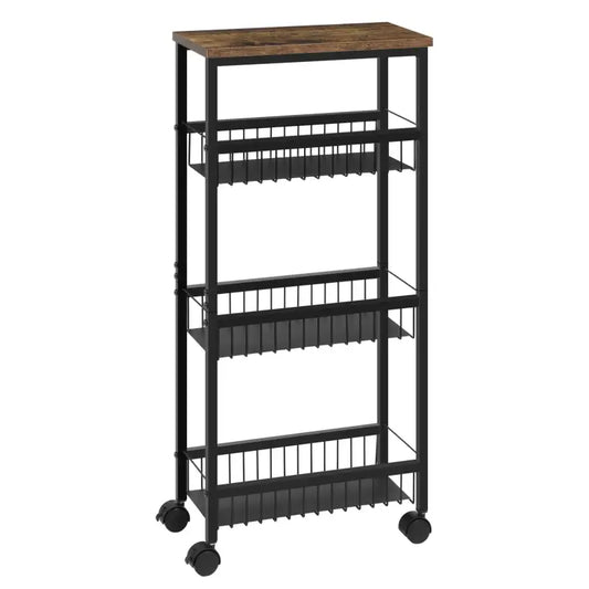 Een zwarte metalen boekenkast met houten bovenblad en wieltjes, geschikt voor woonkamer of kantoor. Geschikt voor boeken, decoratie of kantoorbenodigdheden.