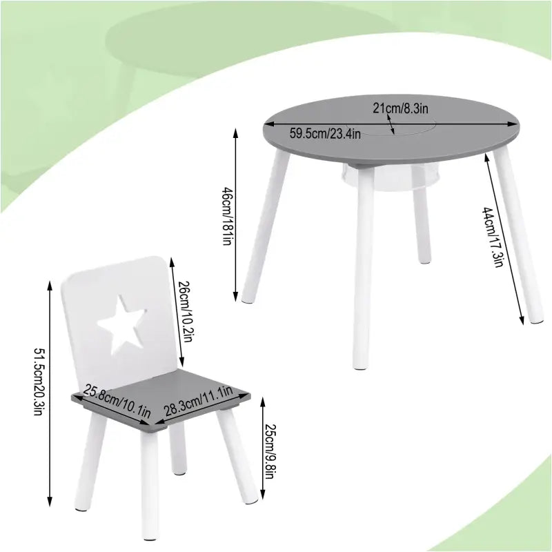BukkitBow – Kinder Tafel en Stoelen Set – Pijnhout Materiaal– Wit met Grijs – 59.5x46 cm - Tafel met Opbergvak