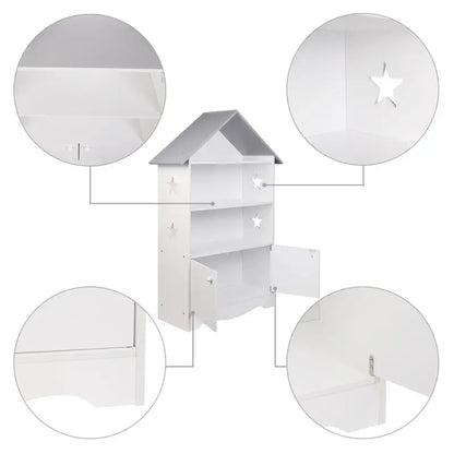 BukkitBow - Kinderboekenkast - 3 Planken en Opslagkast in Huis Vorm - Wit met Grijs - 62x115x27cm