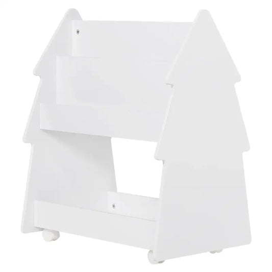 Wit houten boekenkast in huisvorm met drie vakken en wieltjes, geschikt voor kinderkamer of speelruimte. Ideaal voor kinderboeken opslaan en decoratief in slaapkamer.