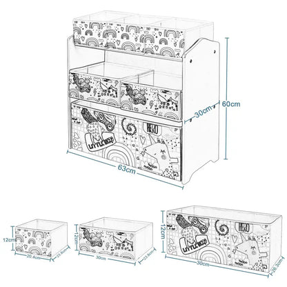 BukkitBow - Kinderen Opslag Plank - MDF en Massief Grenenhout - met 6 Stoffen Manden - Afgeronde Randen - Cartoon Ontwerp