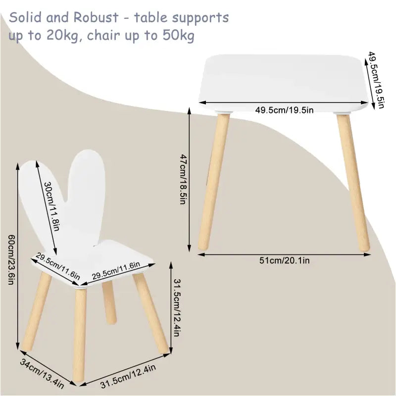 BukkitBow - Kindertafel met Stoelen / Kindermeubelset  - Konijnenoor Rugleuning Design - Tafel: 49.5x49.5x47cm