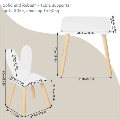 BukkitBow - Kindertafel met Stoelen / Kindermeubelset  - Konijnenoor Rugleuning Design - Tafel: 49.5x49.5x47cm