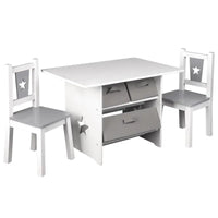 BukkitBow - Kindertafel met Stoelen / Kindermeubelset met Opslag - Wit met Grijs - Inclusief 3 Opbergmanden - Tafel: 72x49x50cm