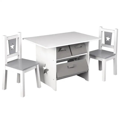 BukkitBow - Kindertafel met Stoelen / Kindermeubelset met Opslag - Wit met Grijs - Inclusief 3 Opbergmanden - Tafel: 72x49x50cm