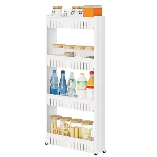 Witte, opvouwbare kast met vier planken, gevuld met glazen potten, flessen en snacks. Ideaal voor keukenopslag en kleine ruimtes, met wieltjes voor gemakkelijke verplaatsing.