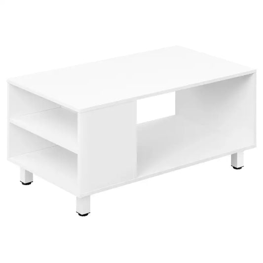 Een witte, minimalistische salontafel met glanzende oppervlakken, een open ondersteuningsruimte en vier kleine zwarte voetjes. Ideaal voor moderne woonkamers en als centraal meubelstuk.