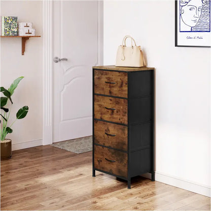 BukkitBow - Ladekast met 4 Stoffen Lades - Hout/Metaal/Non-woven Stof - Vintage Industrieel Ontwerp - 45x94.5x30 cm - Rustiek Bruin/Zwart
