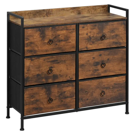 Een industriële dressoir met zes donkerbruine houten laden en zwart metaalframe, voorzien van ringhandvatten, geschikt voor slaapkamer of woonkamer opslag.