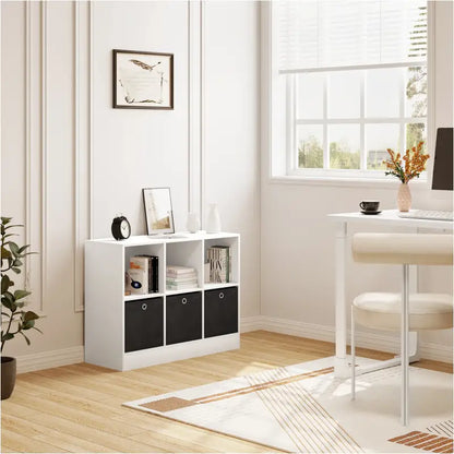 BukkitBow - Lage Boekenkast - Met 2 Lagen en 6 Compartimenten - Inclusief 3 Lade Kubussen - Geschikt voor Woonkamer en Slaapkamer (80X30X61CM) - Wit