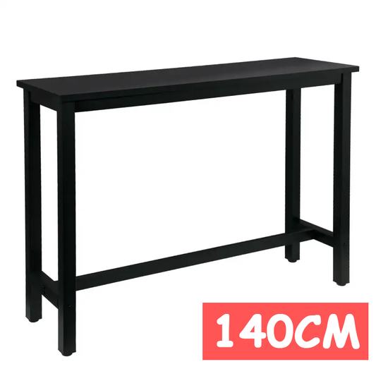 Zwart houten salontafel van 140 cm, met stevige metalen poten en een gestroomlijnde onderbouw. Ideaal voor woonkamer of eetkamer als functionele en minimalistische tafel.