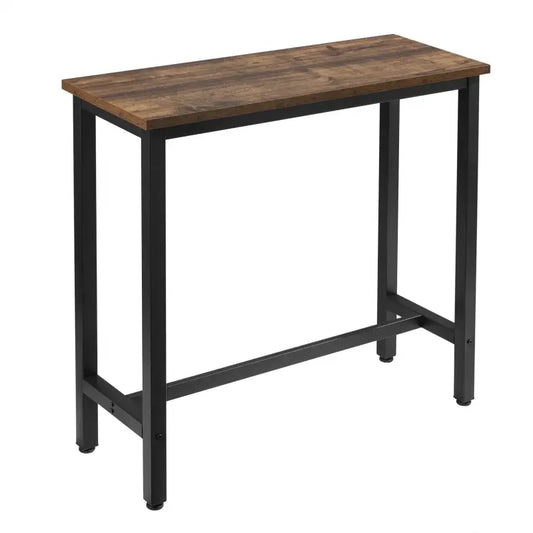Een witte, minimalistische tafel van 100 cm, met een glad oppervlak en metalen poten, geschikt voor kantoor- of woonruimte. Op de tafel staan een koffiekopje, een fruitmand en een glas.
