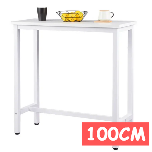 Een witte, minimalistische tafel van 100 cm, met een gladde houten blad en metalen poten, geschikt voor kantoor of woonruimte. Geïnspireerd door moderne interieurs, ideaal voor koffie- of werkplek.