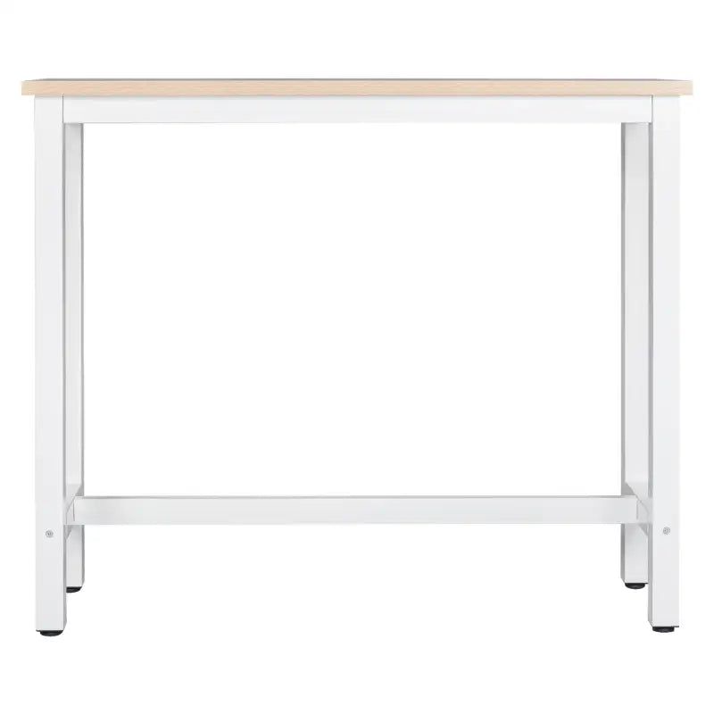 Een houten console tafel met zwart metalen frame, 120 cm breed, geschikt voor woonkamer of hal. Decoratief met foto’s en een Eiffeltorenmodel.