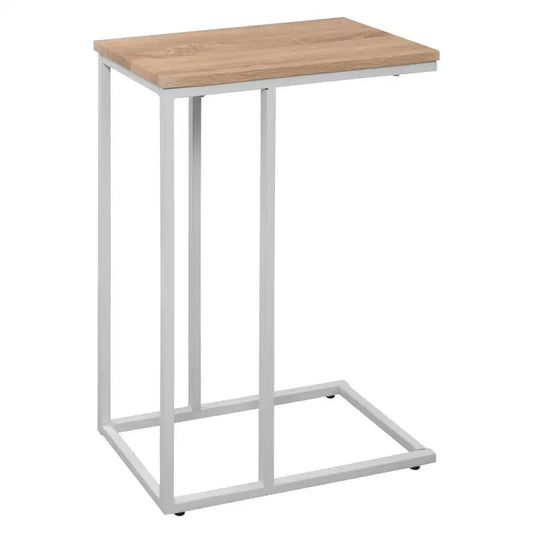 Een minimalistisch bijzettafel met lichtbruine houten blad en witte metalen frame, geschikt voor moderne woonkamers of kantoorruimtes. Ideaal als bijzettafel of kantooraccessoire voor een stijlvolle, functionele ruimte.