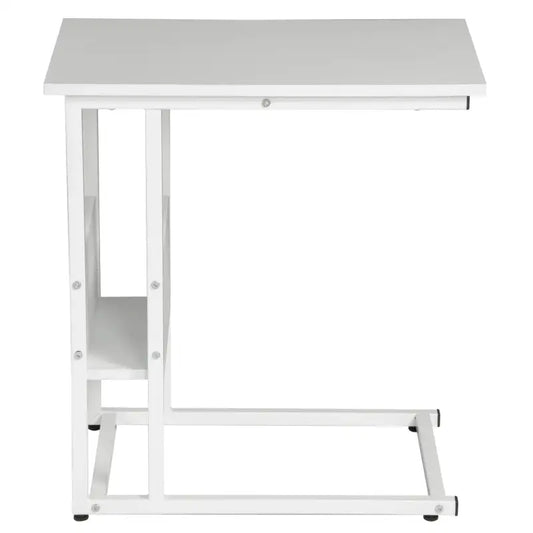 Een moderne, lichtbruine houten tafel met een zwart metalen frame en een ingebouwde lade. Geschikt voor kantoor- of woonruimte, met een minimalistisch design en een stevige constructie.