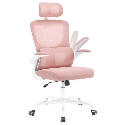 Grijze ergonomische kantoorkruk met mesh rug, verstelbare armleuningen en witte metalen basis met wieltjes, geschikt voor langdurig werken of thuisbureau.