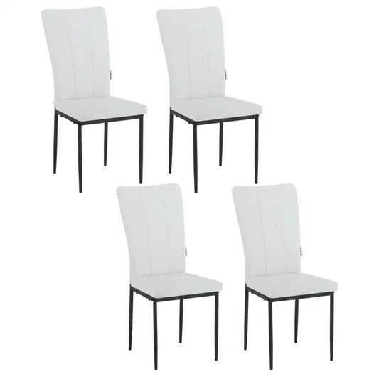 Witte, gestoffeerde eetkamerstoelen met gestikt bekleding en zwarte metalen poten, geschikt voor moderne eetkamers of keukens. Set van vier, met minimalistisch design voor stijlvolle interieurs.