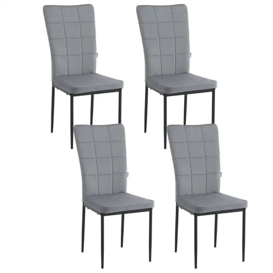 Een set van vier witte, gestoffeerde eetkamerstoelen met zwarte metalen poten, geschikt voor moderne keukens of eetkamers. De zittingen en rugleuningen zijn opgevuld en vertonen een gestikt patroon.