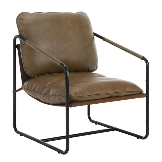 Een bruine, gestoffeerde loungestoel met een zwart metalen frame en zichtbare houten armleuningen. Geschikt voor een moderne woonkamer of als comfortabele leunstoel in een relax-ruimte.