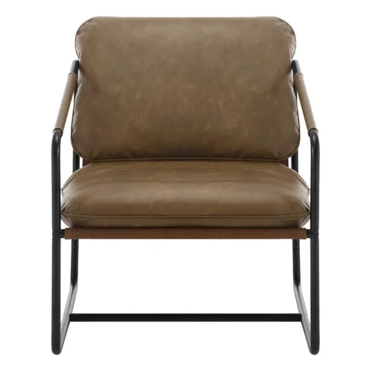 Een bruine, gestoffeerde loungestoel met een zwart metalen frame, geschikt voor een moderne woonkamer. De zitting en rugleuning zijn bekleed met textiel, met een stijlvolle, industriële uitstraling.