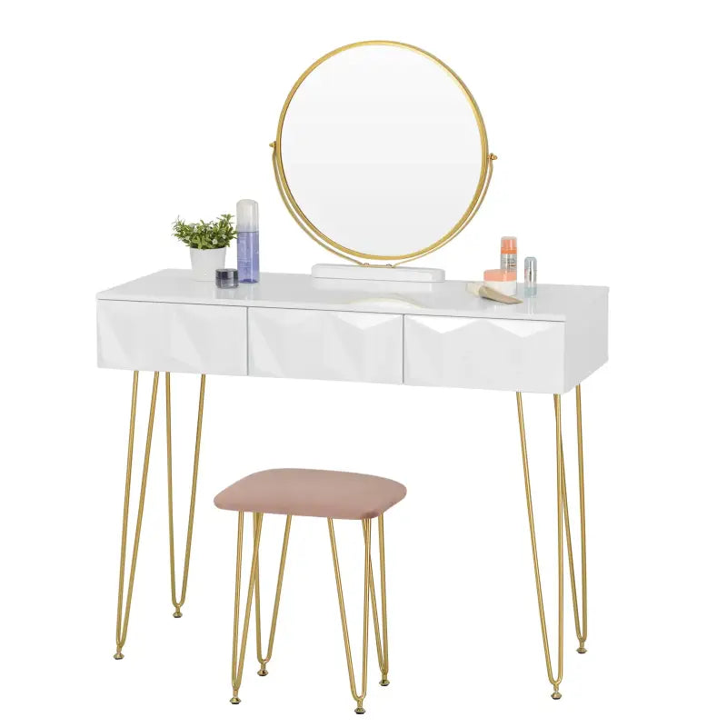BukkitBow - Luxe Kaptafel met Kruk en 360 Graden Draaibare Ronde Spiegel - Met Gouden Poten en 3 Lades
