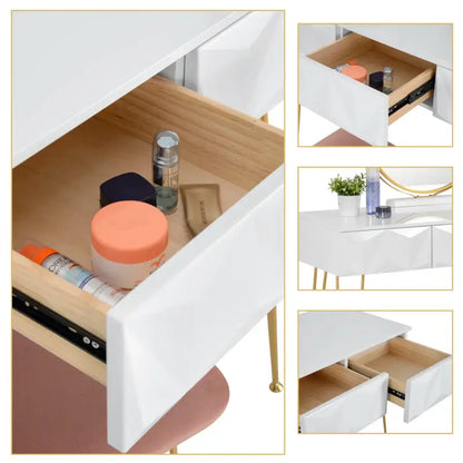 BukkitBow - Luxe Kaptafel met Kruk en 360 Graden Draaibare Ronde Spiegel - Met Gouden Poten en 3 Lades