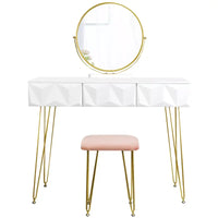 BukkitBow - Luxe Kaptafel met Kruk en 360 Graden Draaibare Ronde Spiegel - Met Gouden Poten en 3 Lades