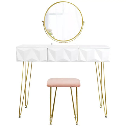BukkitBow - Luxe Kaptafel met Kruk en 360 Graden Draaibare Ronde Spiegel - Met Gouden Poten en 3 Lades