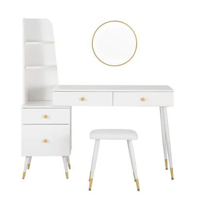 BukkitBow - Luxe Kaptafel met Kruk en Ronde Spiegel en Opbergkast - Gouden Poten