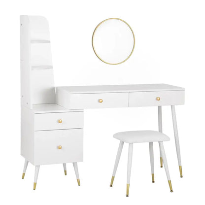 BukkitBow - Luxe Kaptafel met Kruk en Ronde Spiegel en Opbergkast - Gouden Poten