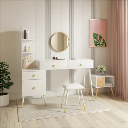 BukkitBow - Luxe Kaptafel met Kruk en Ronde Spiegel en Opbergkast - Gouden Poten