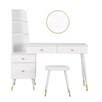 BukkitBow - Luxe Kaptafel met Kruk en Ronde Spiegel en Opbergkast - Gouden Poten