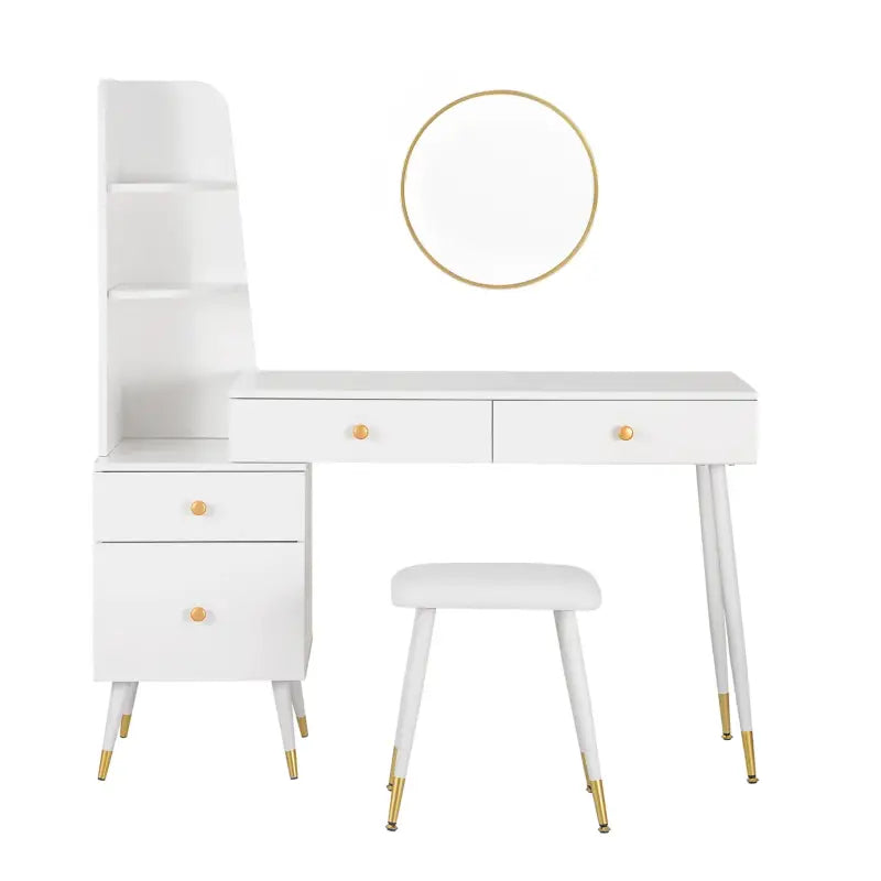 BukkitBow - Luxe Kaptafel met Kruk en Ronde Spiegel en Opbergkast - Gouden Poten