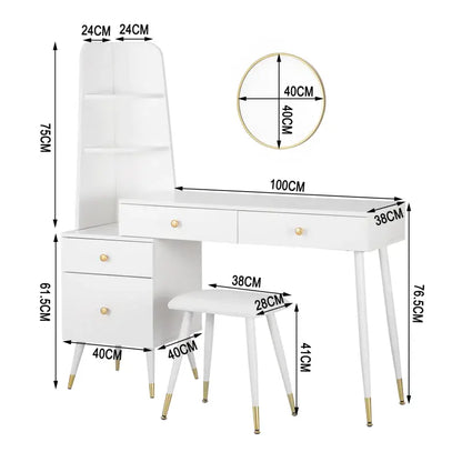 BukkitBow - Luxe Kaptafel met Kruk en Ronde Spiegel en Opbergkast - Gouden Poten