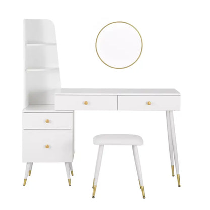 BukkitBow - Luxe Kaptafel met Kruk en Ronde Spiegel en Opbergkast - Gouden Poten