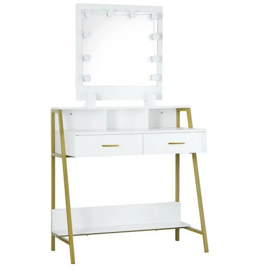 Een witte make-up tafel met goudkleurige metalen poten en een spiegel met omringende lichtjes. Het meubel heeft twee laden met gouden handgrepen en een onderste plank, ideaal voor make-up opslag en sfeercreatie.