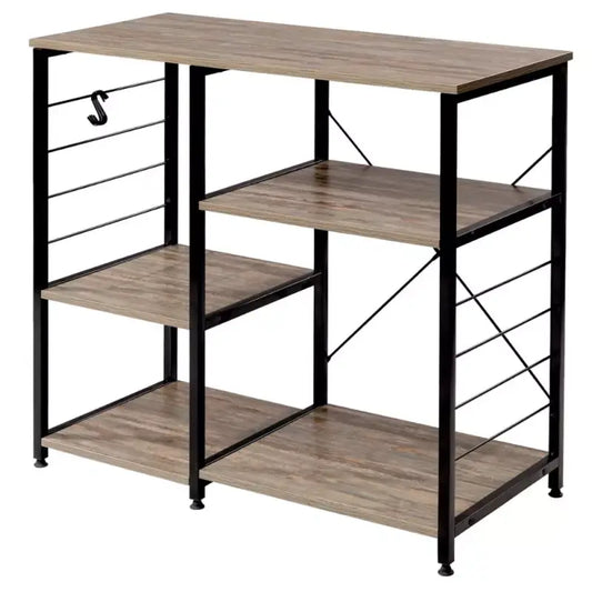 Een industriële houten plankenrek met zwart metaalframe, vier planken en een opbergkraag aan de zijkant, geschikt voor woonkamer of kantooropslag.