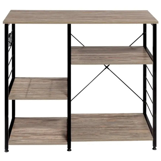 Een industriële houten plankenrek met zwart metaalframe en vier planken, geschikt voor woonkamer of kantoor. Geschikt voor opslag van boeken, decoratie of elektronica.