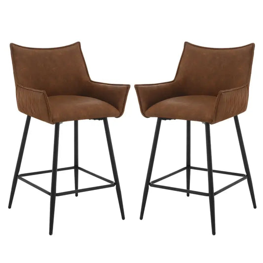 Brown leather bar stools with black metal legs, featuring padded armrests and a modern design. Perfect for contemporary kitchens or home bars, offering comfort and style for casual seating.