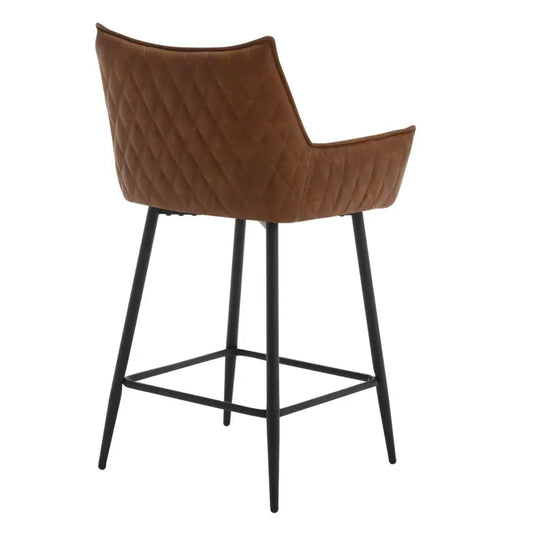 Brown leatherette bar stools with black metal legs, perfect for modern kitchen or home bar use. Comfortable armrests and sturdy base ensure stability during casual dining or entertaining.