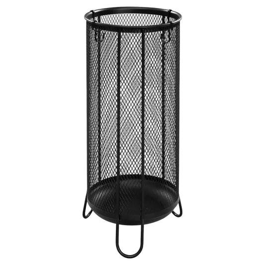 Zwart metalen parapluhouder met meshstructuur en gestileerde poten, geschikt voor binnen- en buitenruimtes. Stijlvol accessoire voor woonkamer of entree.