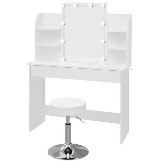 Een witte make-up tafel met verlichte spiegel en opbergvakken, uitgerust met een bijpassende, verstellbare zitstoel voor make-up of kapsalon gebruik.