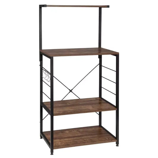 Een industriële kast met donkerbruine houten planken en zwart metaalframe, voorzien van een wijnrek aan de zijkant, ideaal voor keuken- of woonruimte opslag.
