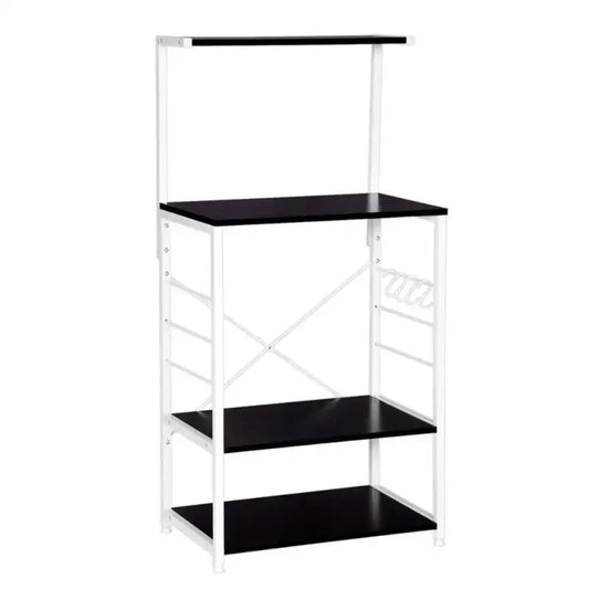 Een witte metalen kast met zwarte planken, voorzien van een bovenste hanger en een kabelsnoerhouder, geschikt voor opslag in de woonkamer of slaapkamer.