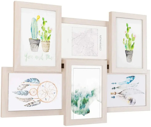 Een set van vijf witte wandkaders met waterverf afbeeldingen: cactussen, een droomvanger, een boslandschap en een kaart van Kopenhagen, ideaal voor een bohemian of natuurlijke interieurstijl.