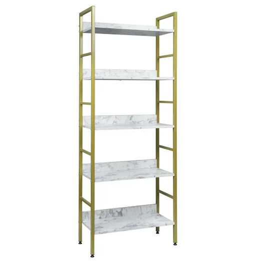 Gouden metalen boekenkast met vijf witte marmeren planken, geschikt voor woonkamer of slaapkamer. Ideaal voor het opbergen van boeken, decoraties of accessoires in een moderne stijl.