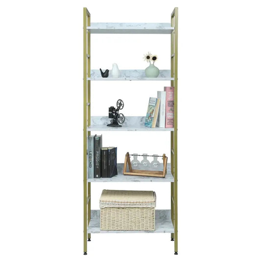 Gouden metalen boekenkast met vijf witte marmeren planken, geschikt voor woonkamer of slaapkamer. Ideaal voor het opbergen van boeken, decoraties of accessoires in een moderne stijl.